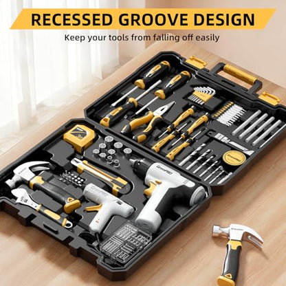 GRENPRO Tool Set Drill Set, 188PCS Tool Kit for Home with Cordless Drill Power, Hand Tool Kit for Women, Basic Household Auto Car Repair Tool Box for Men, Portable Plastic Storage Box Tools Sets - style: Yellow Power Drill Set 188PC