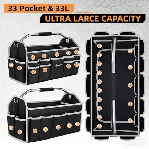 22in Tool Bags For Men Heavy Duty, 33 PCS Pockets Tool Bag Organizer Foldable Open Top Tool Bag With Handle, Wide Mouth Electrician Tool Tote, Grey - size: 22inch