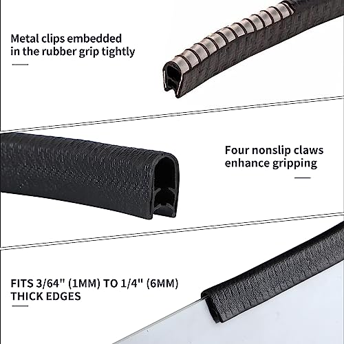 Rubber Edge Trim Guard 10ft/3m, Adhesive Free Door Edge Protector, U Shape Edge Seal Strip with Embedded Metal Clips Fits 3/64" to 1/4" Thick Edges (Black) - size: 120" L X 0.44" W