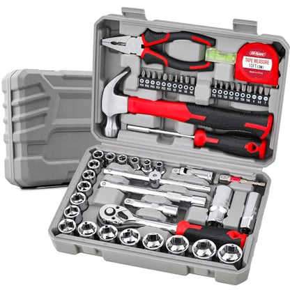 Hi-Spec 52pc Home Garage Mechanics DIY Tool Kit Set. Metric Sockets, Ratchet Wrench, Screwdriver Bit Set, Pliers and Spark Plug Accessories in a Portable Toolbox Case - size: 52 PCS