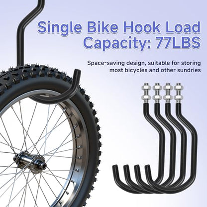 4 Pack Bike Hooks for Garage, Heavy Duty Bike Storage Hooks with M10 x 1.5 Machine Thread and Rubber Coating, Perfect Bicycle Hanging Wall Mount Hanger for Wall and Ceiling Bicycle Storage