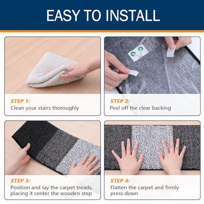 OLANLY Stair Treads Non Slip 15PCS, 8" x 30" Indoor Stair Runners for Wooden Steps, Edging Stair Rugs with Reusable Peel and Stick Adhesive for Kids Elders and Pets, Black - color: Black