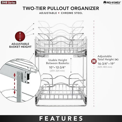 Rev-A-Shelf 2-Tier Kitchen Cabinet Pullout Shelf and Drawer Organizer Slide Out Pantry Storage Basket in Multiple Sizes, 12 x 22 In, 5WB2-1222CR-1 - size: 12" W X 22"d, style: Two Tier