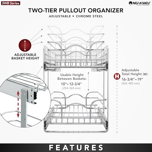 Rev-A-Shelf 2-Tier Kitchen Cabinet Pullout Shelf and Drawer Organizer Slide Out Pantry Storage Basket in Multiple Sizes, 12 x 22 In, 5WB2-1222CR-1 - size: 12" W X 22"d, style: Two Tier