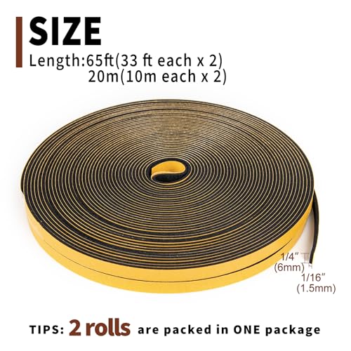 Yotache Weather Stripping (.25) 1/4 Inch Wide X 1/16 Inch Thick (New Adhesive Craft), Thin Foam Seal Gasket Tape for Window, Dashboard, Sliding Door Jamb, 65 Ft Length (2 Strips of 33 Ft Each) - size: 1/4"x1/16"x65 Ft