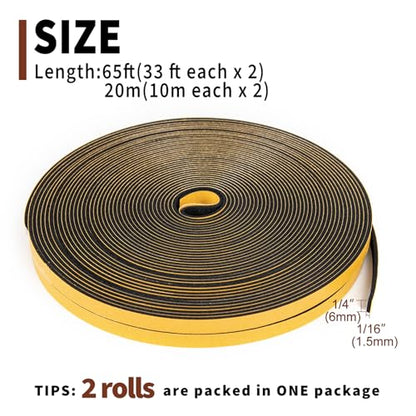 Yotache Weather Stripping (.25) 1/4 Inch Wide X 1/16 Inch Thick (New Adhesive Craft), Thin Foam Seal Gasket Tape for Window, Dashboard, Sliding Door Jamb, 65 Ft Length (2 Strips of 33 Ft Each) - size: 1/4"x1/16"x65 FT