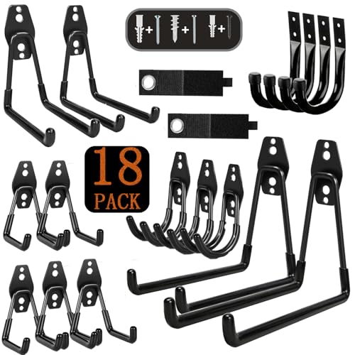 18 Pack Garage Hooks Heavy Duty Utility Steel with Anti-Slip Coating Wall Mount Storage Organizer Multi-Size for Hanging Power and Garden Tools, Ladders, Hose, Bikes, Ropes and More Tools - color: 18 Pack Black