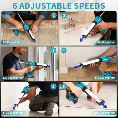 Cordless Caulking Gun, 21V Battery Powered Caulk Gun, Electric Caulking Gun w/2 x 2.0Ah Batteries, 9Pcs Caulk Remover Tool, LED Light, Auto Retract for Filling, Sealing