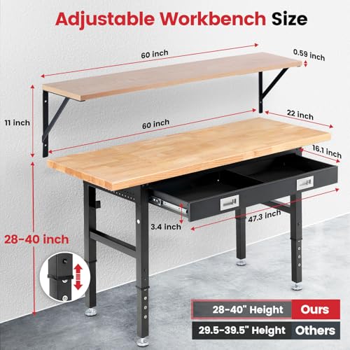 ENJOYWOOD 60" x 22" Heavy Duty Workbench Adjustable Height Garage Work Table with Solid Rubberwood Top, Drawer & Power Outlets for Workshop, Home & Office - size: X-Large