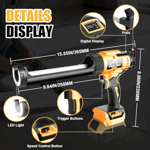 Cordless Caulking Gun Compatible With Dewalt 20V Battery 6 Adjustable Speeds Electric Caulking Gun Brushless Motor No-Drip Caulking Gun with LED Light for Filling, Sealing (No Battery)