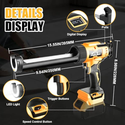 Cordless Caulking Gun Compatible With Dewalt 20V Battery 6 Adjustable Speeds Electric Caulking Gun Brushless Motor No-Drip Caulking Gun with LED Light for Filling, Sealing (No Battery)
