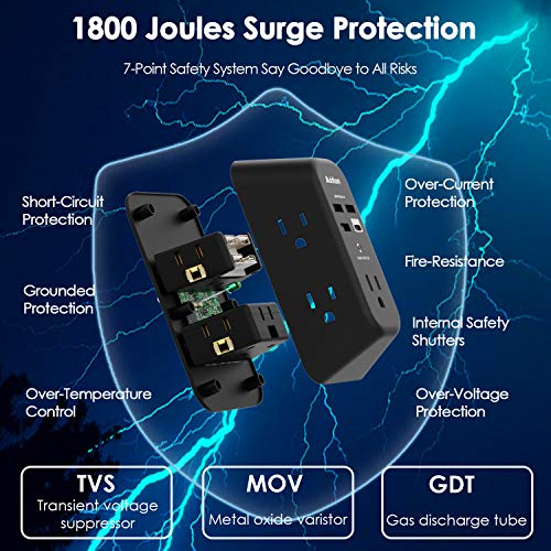 USB Wall Charger Surge Protector - Addtam 5 Outlet Extender with 4 USB Charging Ports (1 USB C), 3-Sided 1800J Power Strip Multi Plug Outlets Adapter Widely Spaced,Black - style: 1C3A