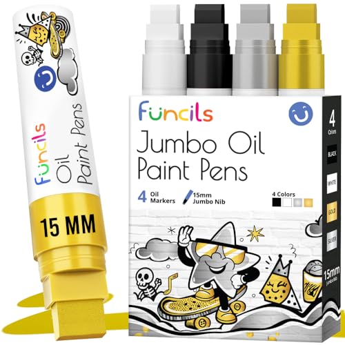 15mm Jumbo Oil Based Paint Markers - Oil Paint Pens for Metal, Automotive Tire, Glass, Plastic, Fabric, Wood, Touch up - Waterproof Permanent Metallic Silver, Gold, White, Black Color (4 Pack) - color: 4 - W, B, G, S, size: Oil Based Ink