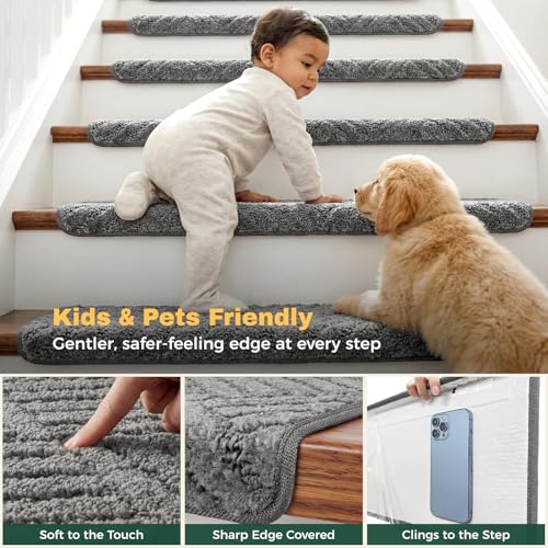 MBIGM Bullnose Non-Slip Stair Treads w/Reusable Adhesive 14 Pack 9.5" x 30" Wooden Steps Protection - TPU Backing with Steel Reinforcement - Anti-Slip Solution Basketweave Dark Gray - color: Dark Gray - Basketweave