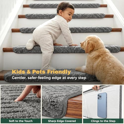 MBIGM Bullnose Non-Slip Stair Treads w/Reusable Adhesive 14 Pack 9.5" x 30" Wooden Steps Protection - TPU Backing with Steel Reinforcement - Anti-Slip Solution Basketweave Dark Gray - color: Dark Gray - Basketweave