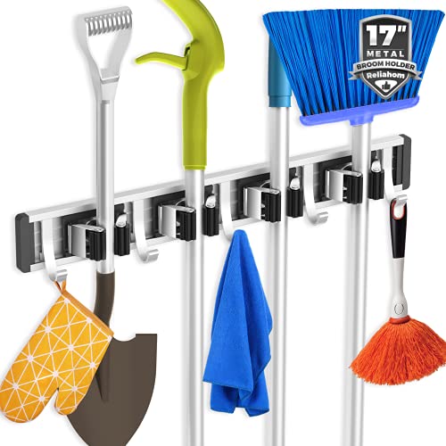 reliahom Broom Holder Wall Mount, 4 Racks with 5 Hooks Black - Mop Storage Tool Racks, Broom Hanger Tool Organizer for Garage, Kitchen, Garden, Laundry Room - color: Black, size: 1 Pack 4R5H