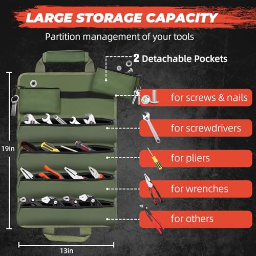 Roll Up Tool Bag, Gifts for Him Men Dad Husband Boyfriend Fathers Day, Portable Tools Storage for Men, Heavy Duty Tool Organizer W/Detachable Pouches for Electrician Mechanic Carpenter - style: Roll-Dark Green
