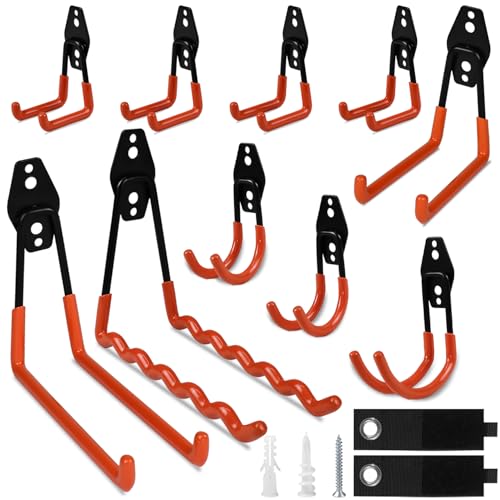 Steel Garage Storage Hooks - 12 Pack Anti-Slip Coating Hooks Set, Heavy Duty Wall Mount Hooks for Hanging Bike, Ladder, Garden Tools with Extension Cord Holder Organizer (Orange) - color: Orange, size: 12 Pack