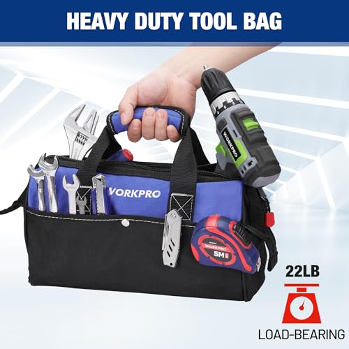 WORKPRO 13-inch Tool Bag, Wide Mouth Tool Tote Bag with Inside Pockets for Tool Storage - color: Blue