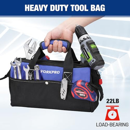 WORKPRO 13-inch Tool Bag, Wide Mouth Tool Tote Bag with Inside Pockets for Tool Storage - color: Blue