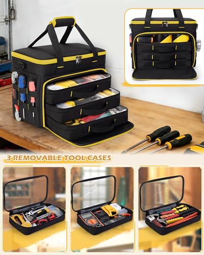 Marscamd 2 Layers Tool Bag with 3 Clear Window Removable Cases, Heavy Duty Tool Tote with Molle Webbing and Detachable Shoulder Strap, Black/Yellow - color: Black/Yellow