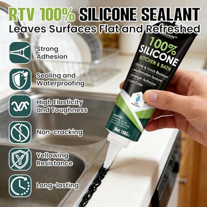 RTV Silicone Sealant - 100% Silicone, Waterproof, Strong Adhesion, Flexible & Durable, Heat & Cold Resistant, Ideal for Car, Kitchen, Bathroom, Window & Door Sealing(Black,150g) - color: Black