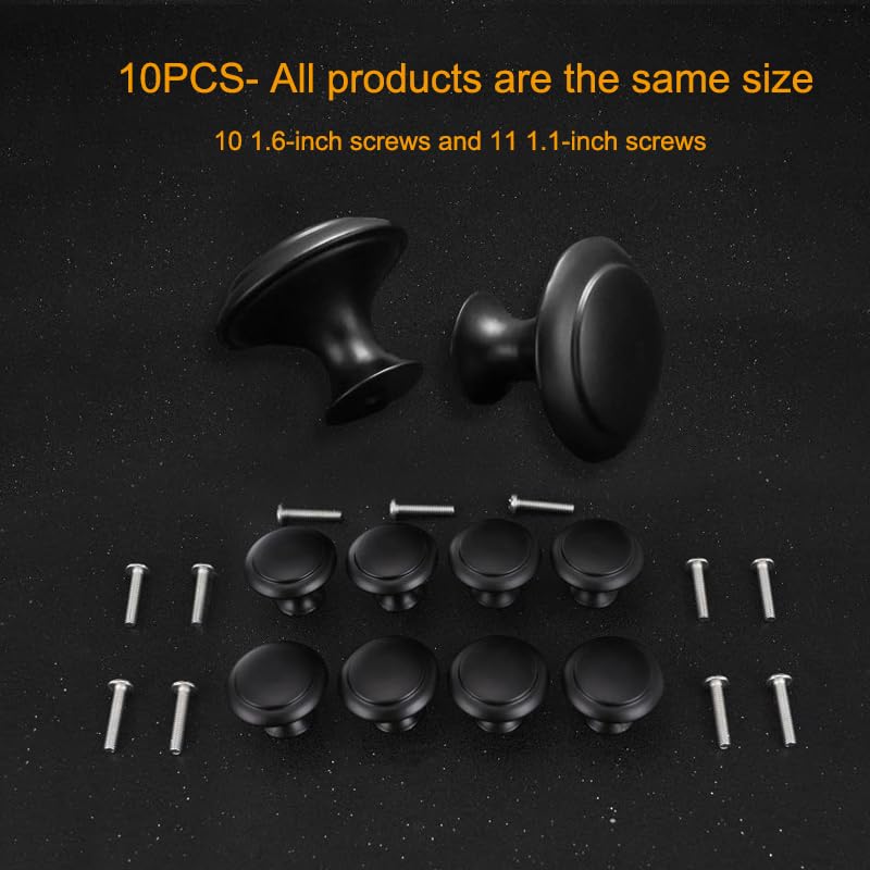 10PCS Cabinet Knobs for Dresser Drawers，1.2 Inch Premium and Elegant Matte Black Round Cabinet Knobs，Modern Single Hole Single Zinc Alloy Handle，Drawer Pulls，Dresser Door Knobs