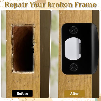 Black Door Strike Plate, Strike Plate with a Snap-Fit Box, 4 Screws and 3 Wooden Sticks, Door Latch Plates, for Doors Frame Repair Kit