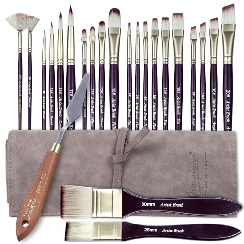 23pcs Paint Brush Set, Professional Artist Brushes for Acrylic and Oil Painting, Includes Flat, Filbert, Fan, Round, Angle, Rigger, and Palette Knife, Portable Storage Roll - color: Purple
