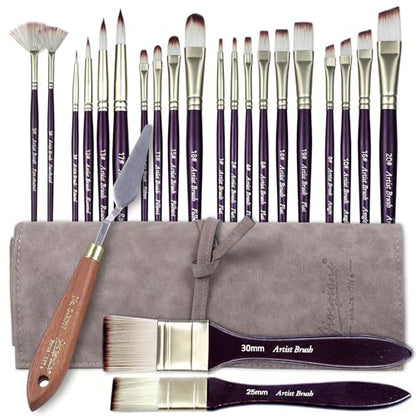 23pcs Paint Brush Set, Professional Artist Brushes for Acrylic and Oil Painting, Includes Flat, Filbert, Fan, Round, Angle, Rigger, and Palette Knife, Portable Storage Roll - color: Purple