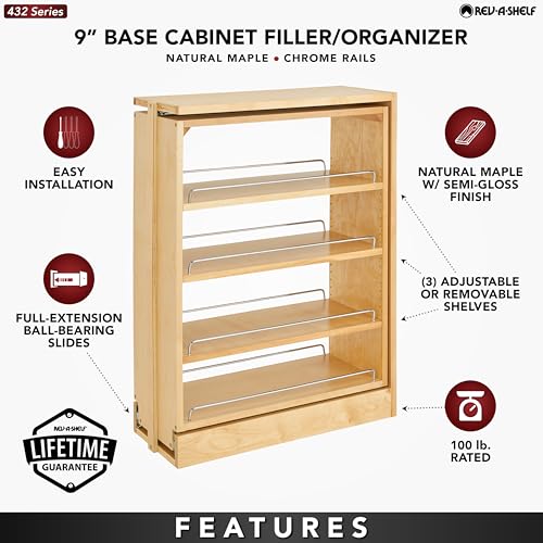 Rev-A-Shelf Pullout Shelf Organizer for Base Kitchen or Bathroom Cabinets, Wood Filler Pantry Storage or Spice Rack, Maple, 9" x 23" x 30", 432-BF-9C - size: 9" W