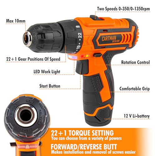 CARTMAN Power Tool Combo Kits with 12V Cordless Drill, Professional Household Home Tool Kit Set, DIY Hand Tool Kits for Garden Office House Repair, with a Robot Style Carry Box - style: 198 PC