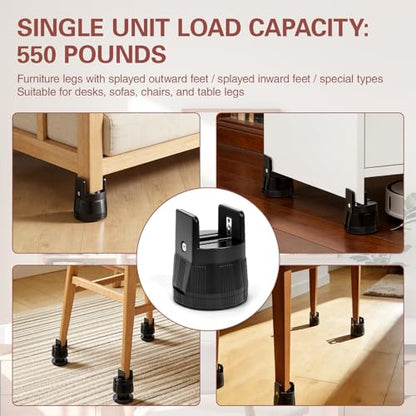 4 Pack Adjustable Furniture Risers 2.36" to 3.15", Heavy Duty Bed Risers with Clamp Design, Clamp-On Levelers for Chair Table Sofa Cabinet Legs, Furniture Height Extenders Leg Lifts (Black)