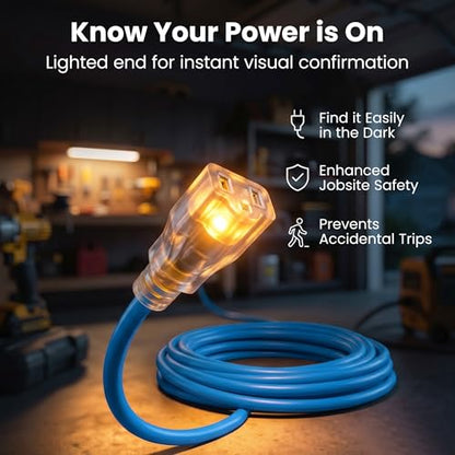 GEARit 100 ft Outdoor Extension Cord 14/3 Gauge SJEOW 14 AWG, 3-Prong Heavy Duty Power Cable with Lighted End, 15A 125V 1875W, Waterproof Cord for Tools, Lawn & Garden, Blue - size: 14 AWG Gauge, style: 100 Feet (SJEOW Rated)
