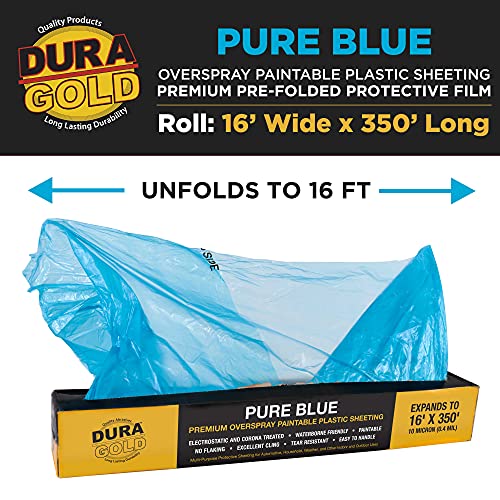 Dura-Gold 16' x 350' Pure Blue Protective Masking Film Cover - Overspray Paintable Sheeting Roll, Painters Plastic (10 Micron, .4 Mil) - Plastic Painting Protection for Auto & Household Paint Covering - size: 16' x 350'