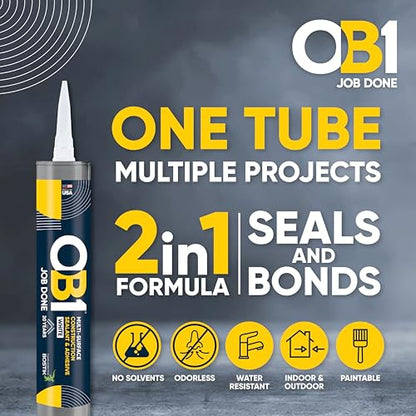 OB1 Universal Caulk Sealant & Adhesive White 10.1oz | Professional Grade Premium All-in-One Advanced Hybrid 2-in1 | Water Resistant Internal & External | Shrink Crack UV & Fade Resistant | 1 Cartridge - color: White, size: 10.1oz (Pack of 12)