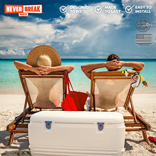 NeverBreak Parts - Igloo Cooler Replacement Parts - Large Repair Kit | High Strength Igloo Cooler Hinges Replacement with Latches | Ice Chest Repair Kit - color: Blue with Blue & Orange Flip-Flops