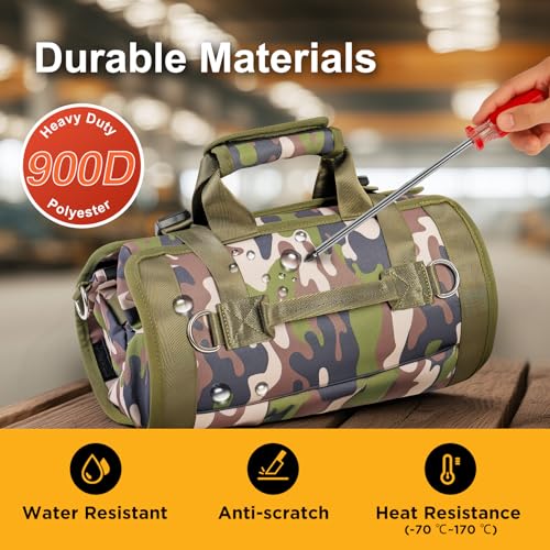 Tool Bag, Heavy Duty Tool Organizer, Portable Tool Pouch for Men with 2 Small Detachable Pouches, Foldable Carrying Tool Storage, Mechanic & Electrician Dad Birthday Gifts, Camo-Green - style: Non-detachable