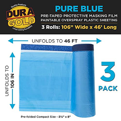 Dura-Gold 106" Wide x 46' Long Roll of Pure Blue Pre-Taped Masking Film, 3 Pack, Pre-Folded Overspray Paintable Plastic Protective Sheeting, Pull Down Drop Sheet - Auto Painting, Cover Walls Furniture - size: 106-inch