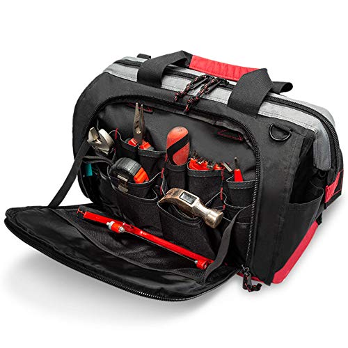 Tool Bag, Waterproof Tool Bags for Men or Women, 16-inch Wide Mouth Tool Bag Organizer with 25 Pockets for Tool Storage Bag, with Adjustable Shoulder Strap (Black/Red)