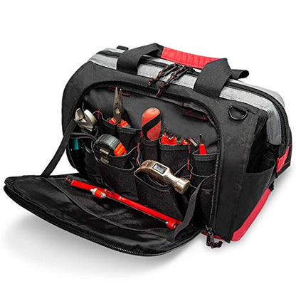Tool Bag, Waterproof Tool Bags for Men or Women, 16-inch Wide Mouth Tool Bag Organizer with 25 Pockets for Tool Storage Bag, with Adjustable Shoulder Strap (Black/Red)