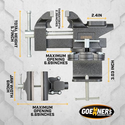 6-Inch Bench Vise, Vice for Workbench with Heavy Duty Forged Steel Construction, Built-in Pipe Jaw and Swivel Base, Table Vise for Woodworking, Home Workshop Use and DIY Job