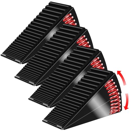 ZDZQJIA Heavy Duty Door Stoppers for Bottom of Door - Adjustable Spring Large Door Stop Wedge, Anti-Slip Rubber Grip,3" High Metal Doorstop Suits Carpet,Tile,Commercial,Home-Black4Pc+4 Wall Protectors - color: Black4Pc