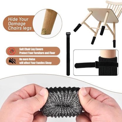16 PCS Furniture Leg Socks with Hook-and-Loop Fastener - Black Knit Chair Leg Floor Protectors for Hardwood Floors - High-Elasticity Furniture Socks with Fasteners Stays in Place Well - size: 16 Pcs Black With Fasteners