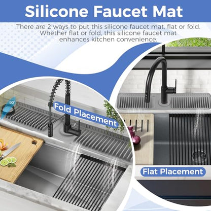 24" Silicone Faucet Mat for Kitchen Sink, 6° Slope Water Draining Mat, Kitchen Sink Splash Guard, Silicone Sink Protector for Kitchen Sink Bathroom Sink with Fasten Button, Dark Grey