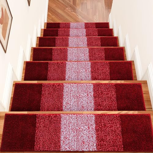 OLANLY Stair Treads Non Slip 15PCS, 8" x 30" Indoor Stair Runners for Wooden Steps, Edging Stair Rugs with Reusable Peel and Stick Adhesive for Kids Elders and Pets, Burgundy - color: Burgundy