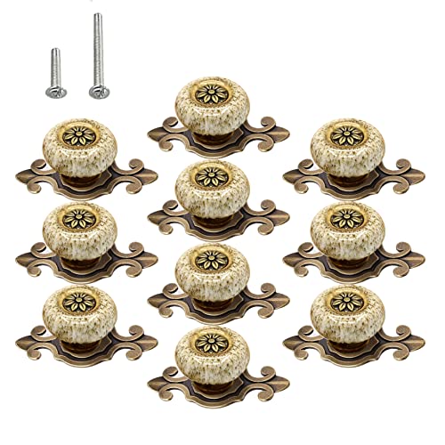 HUAMULAN 10 Pack Retro Ceramic Knobs,Vintage Dresser Kitchen Petal Cabinet Pulls Rustic Zinc Alloy Base Back Plate Kid Cupboard Wardrobe Drawer Door Handles - color: A8-BaoBai-10PACK