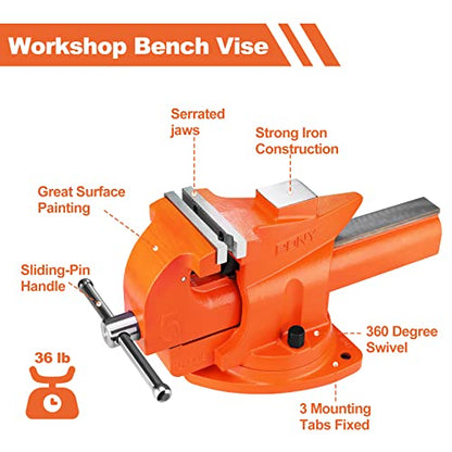 PONY Heavy Duty Bench Vise, 5-inch Jaw Width 7-inch Jaw Opening, 360-Degree Swivel Base with Anvil, Utility Combination Pipe Home Vise for Woodworking, One-Pair Vise Jaw Pad Included - style: 7-inch Jaw Opening