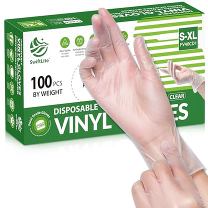 SWIFTLITE Disposable Vinyl Gloves, Food Safe, Latex-Free Powder-Free Clear Plastic Gloves for Cooking, House Clean, Food Prep - size: Large
