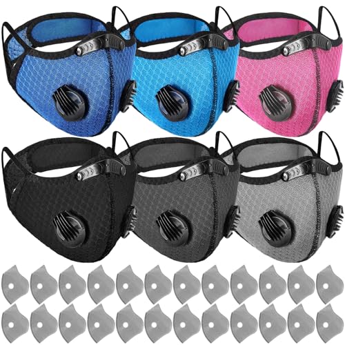 Threlaco 6 Pcs Dust Mask Breathable Reusable Adjustable Respirator Mask with 24 Activated Carbon Filters for Woodworking - color: Black, Dark Blue, Sky Blue, Dark Gray, Rose Red,white